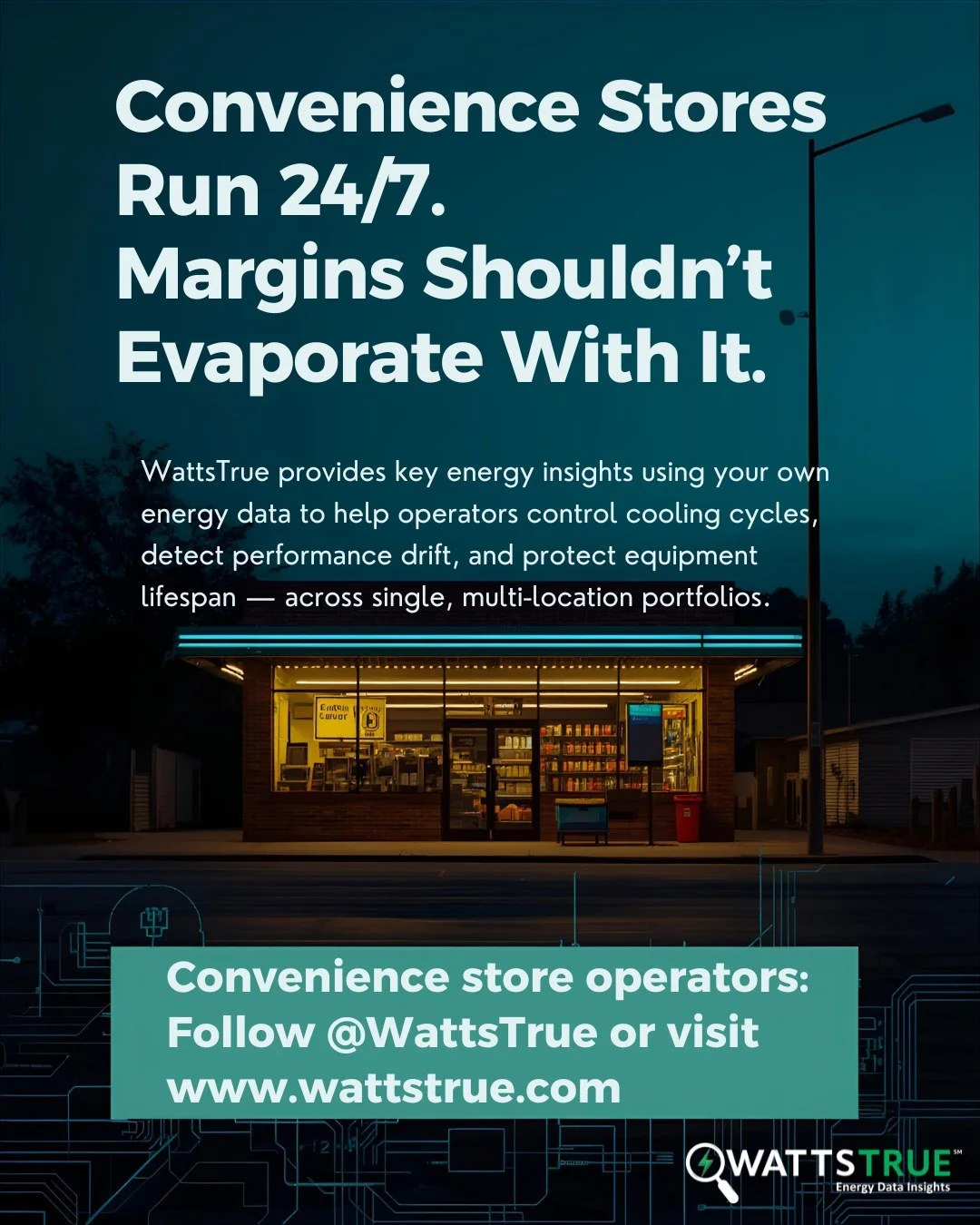 Cooling systems drive energy costs in c-stores. WattsTrue&trade; helps operators control cooling cycles, reduce peak charges, detect performance drift, and protect equipment lifespan &mdash; across single or multi-location portfolios.

Trust the Data
