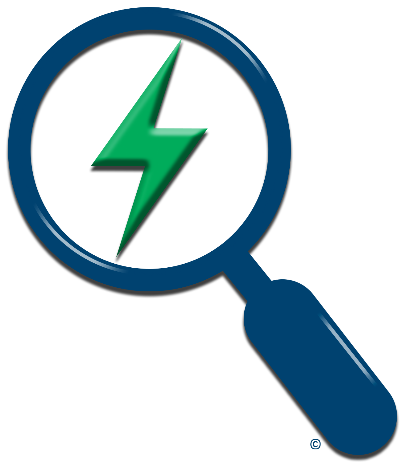 Copyright WattsTrue magnifying glass icon with a green lightning bolt inside, symbolizing energy or power, against a black background.