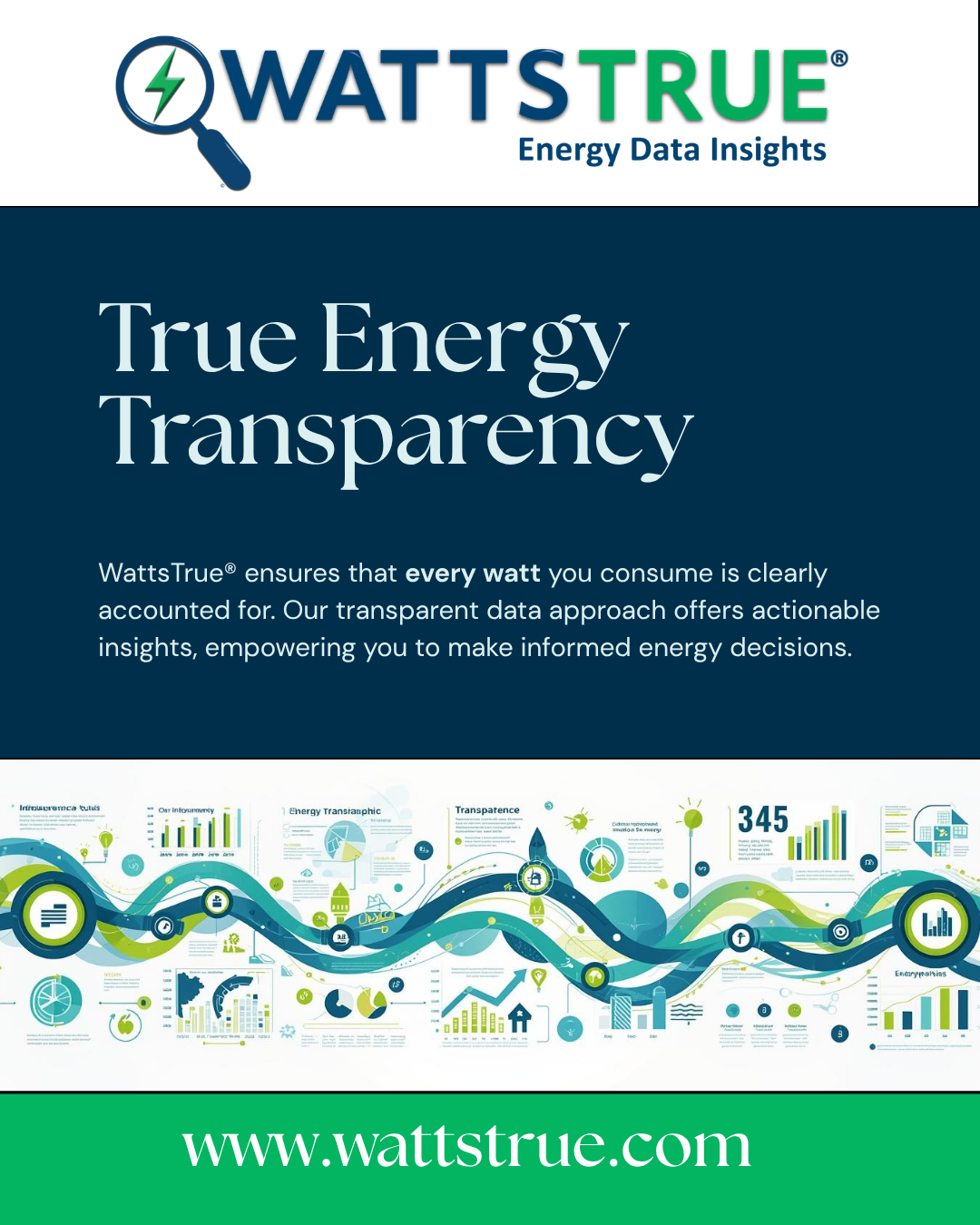 A digital graphic promoting WattsTrue energy data insights with the slogan "True Energy Transparency." The graphic includes charts, graphs, and icons illustrating energy metrics and transparency, and features the website www.wattstrue.com at the bottom.