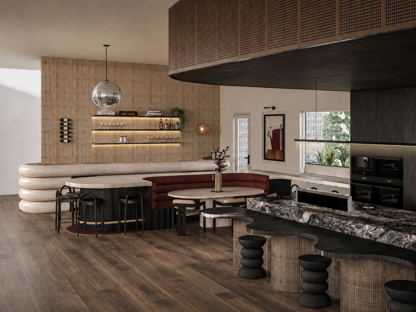 Modern interior dining area with curved booth seating, marble tabletops, dark wood flooring, and contemporary decor.