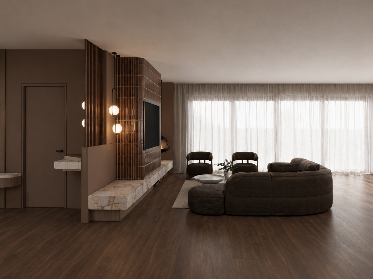 Modern living room with dark brown sectional sofa, two armchairs, and a marble-topped side table in front of large windows with sheer curtains, hardwood floors, and a wooden panel design wall with a mounted television and globe pendant lights.