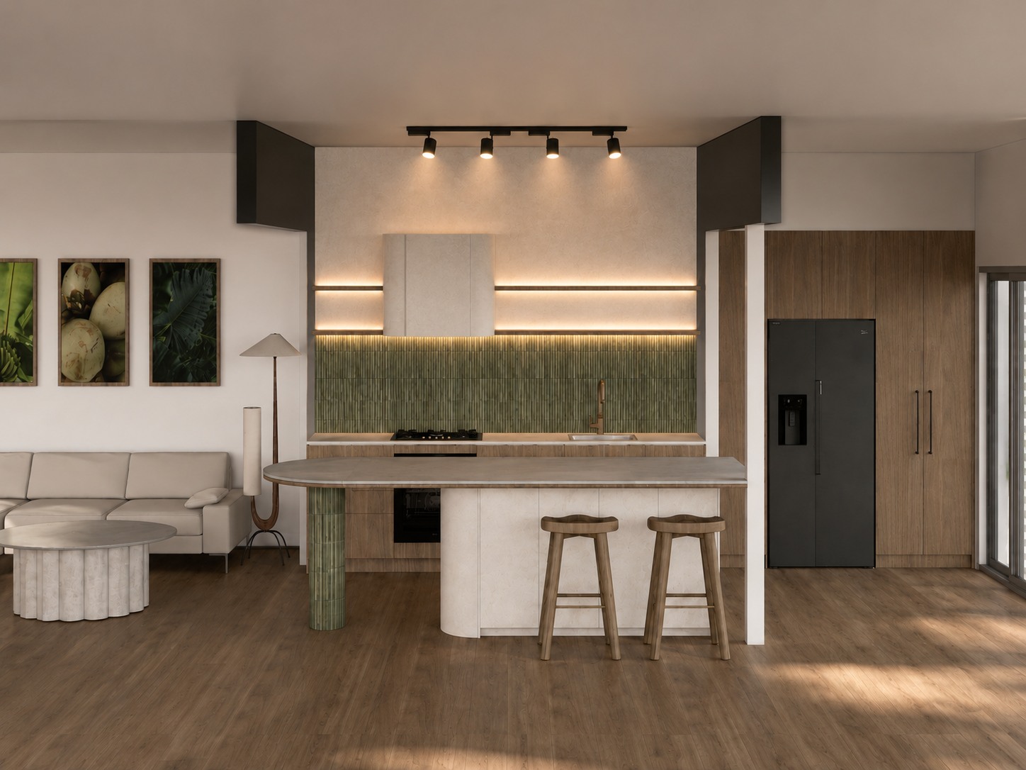 Modern kitchen with green tile backsplash, wooden furniture, black refrigerator, and bar stools.