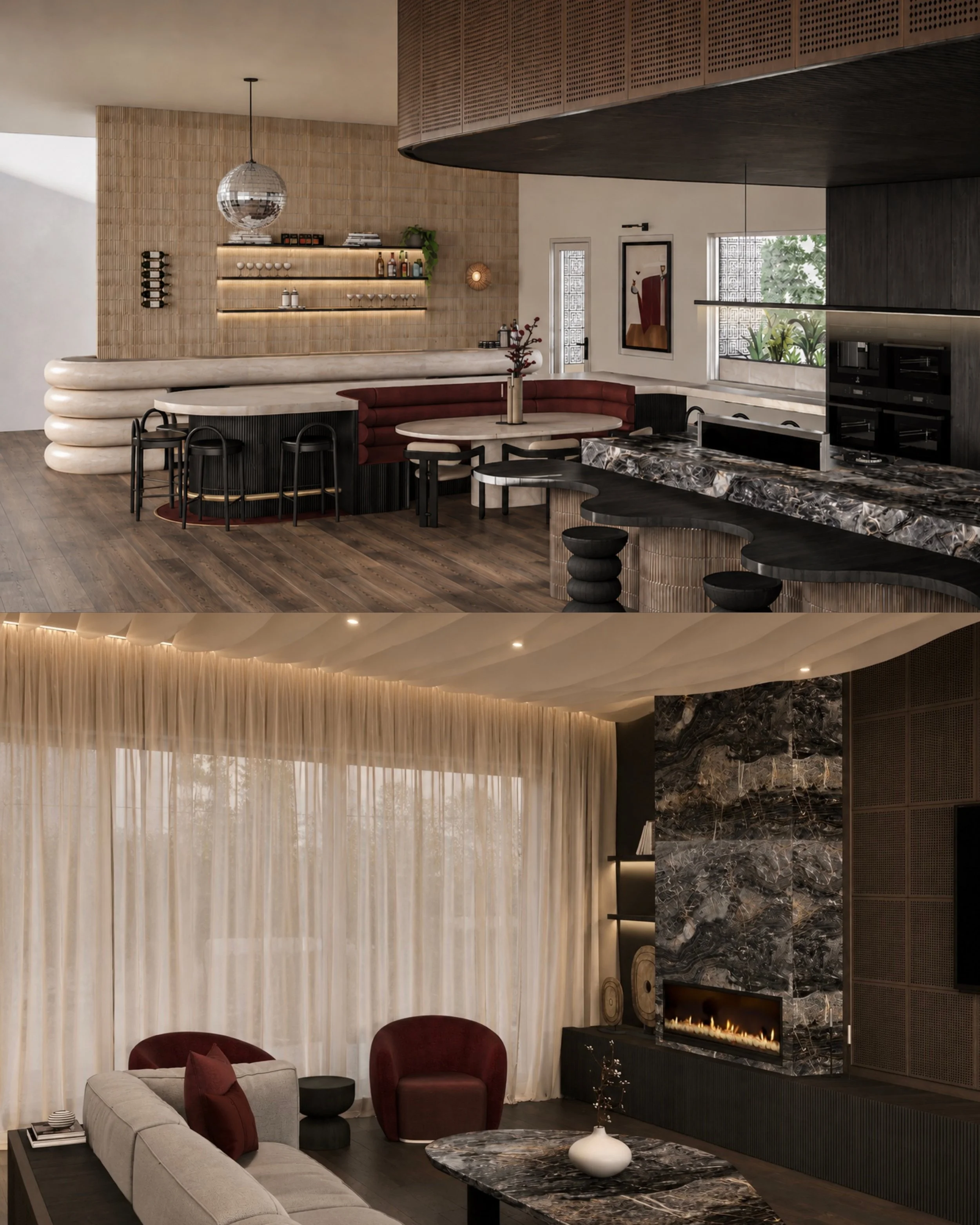 Luxury hotel inspired home. Soft curves and natural elements. A cohesive design between the bar, dining and kitchen with thoughtful design, layout consideration and similar design features. Raw and natural materials. An entertainers dream home design