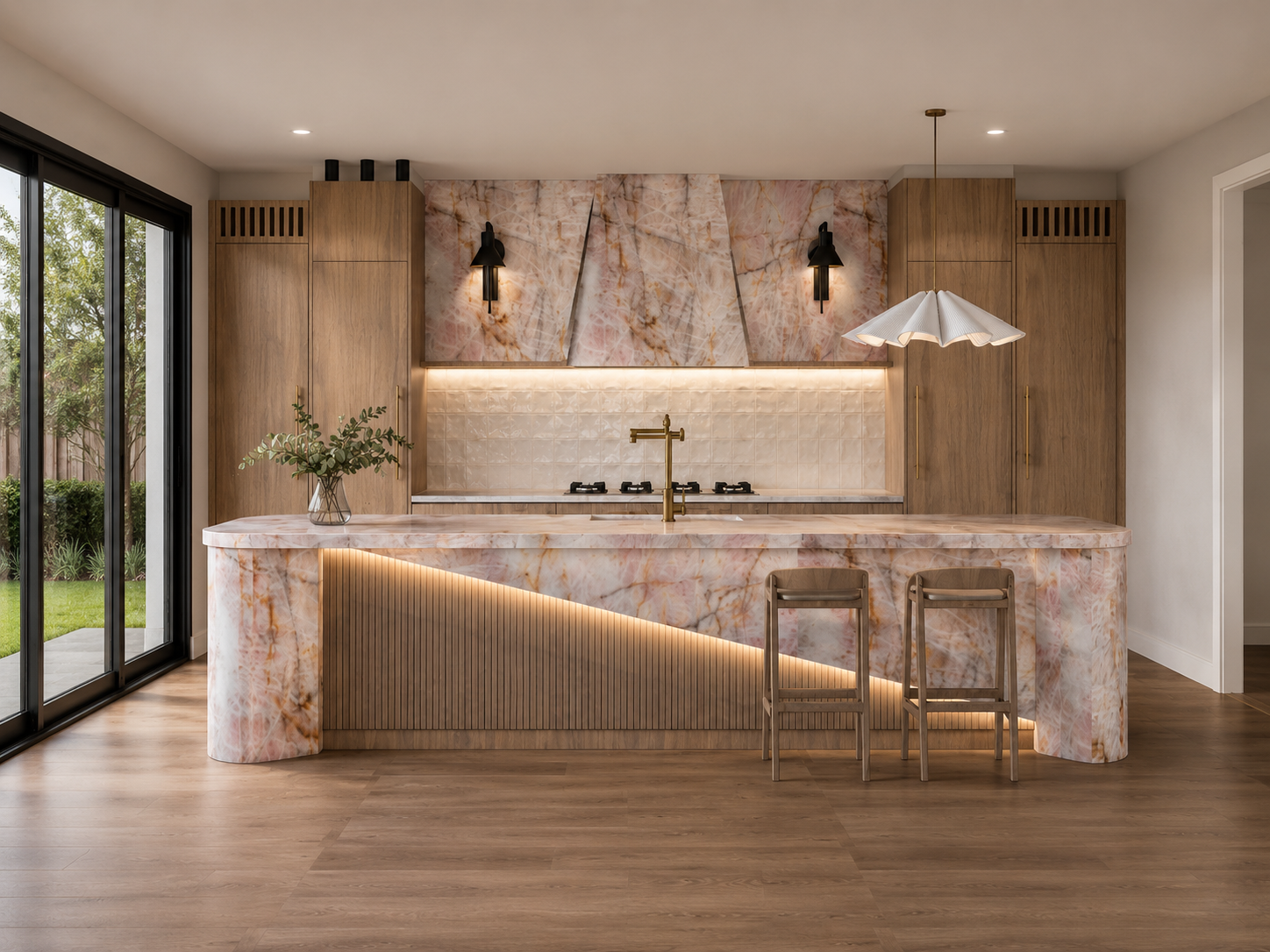 Modern kitchen with marble island, pink and white marble backsplash, wooden cabinets, black wall sconces, gold faucet, pendant light, and sliding glass door to outside garden.