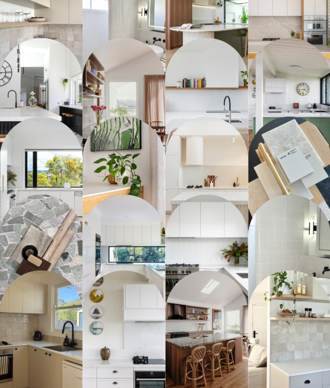 Collage of various modern kitchen interiors, showing countertops, cabinets, appliances, and decor elements in different styles and colours completed by Emily at Temple Interiors.