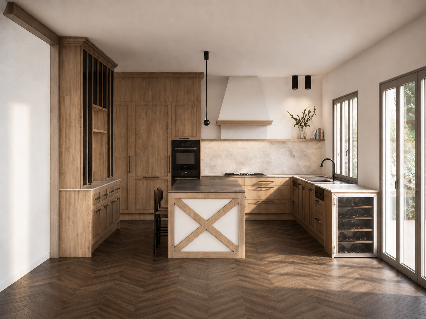 Modern kitchen with wooden cabinets, a marble backsplash, a built-in oven, a kitchen island, a wine cooler, and large windows letting in natural light.