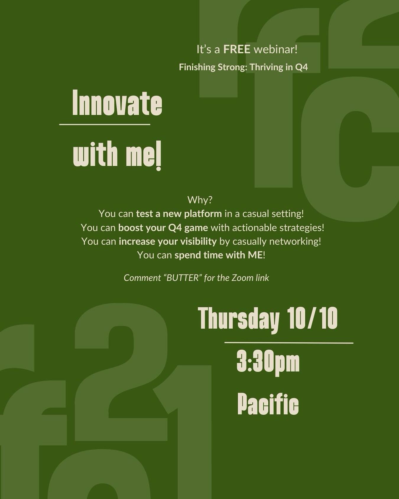 🆓 I am hosting a free, fun, and interactive webinar on Thursday, October 10 at 3:30 PM Pacific and I&rsquo;d love for you to join me. 

👉🏽 we will be diving into &ldquo;Finishing Strong: Thriving in Q4&rdquo; where we will discuss practical tips t