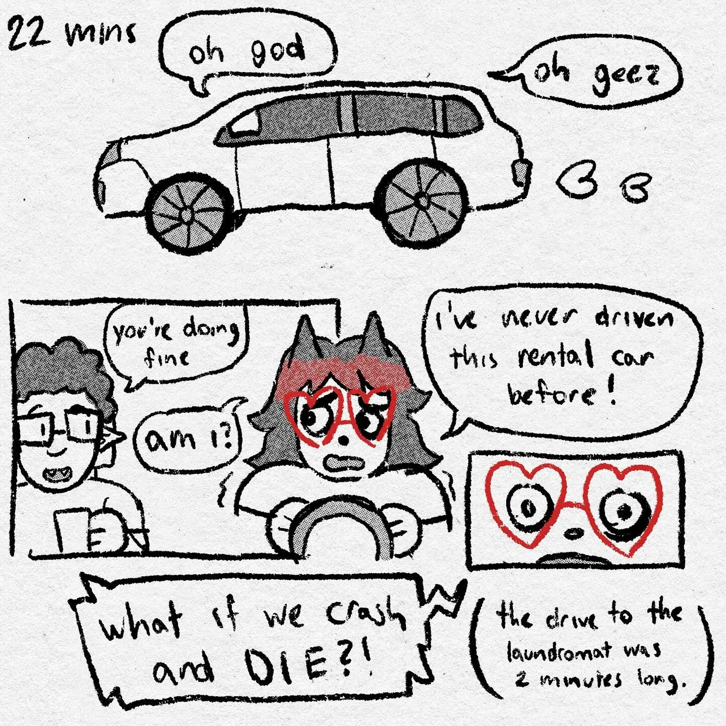 simplifying a car for this 22 min comic took even longer than driving here LMAO #gentlecomicshabit 

Image description: A car drives as its driver says, &ldquo;oh god. oh geez.&rdquo; Inside, a vampire cheerfully says to the werewolf driver, &ldquo;y