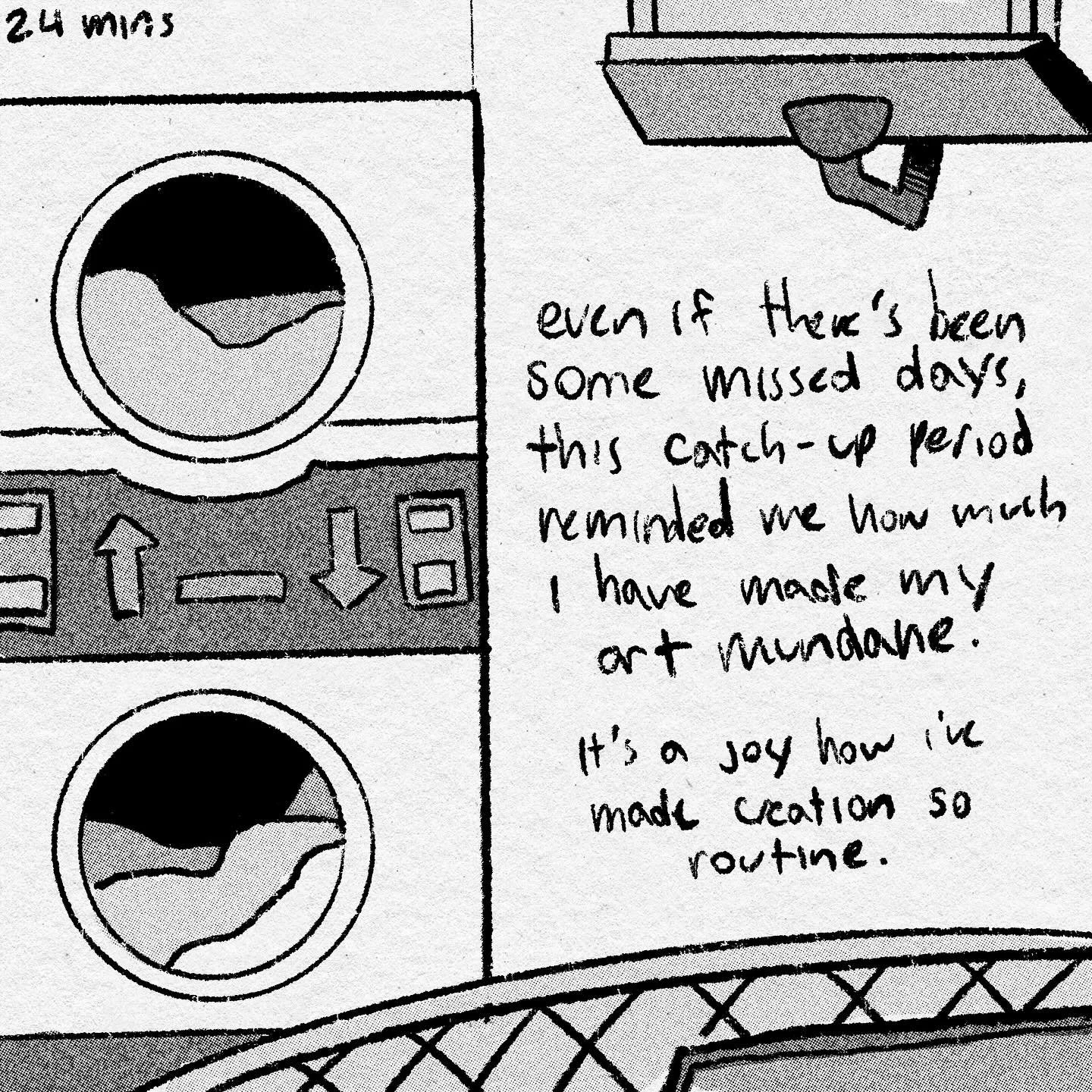 24 minute moment of gratitude about making comics and getting to share them #gentlecomicshabit 

Image description: A drawing of a laundromat from the perspective of someone drawing on an iPad. Text reads, &ldquo;even if there&rsquo;s been some misse