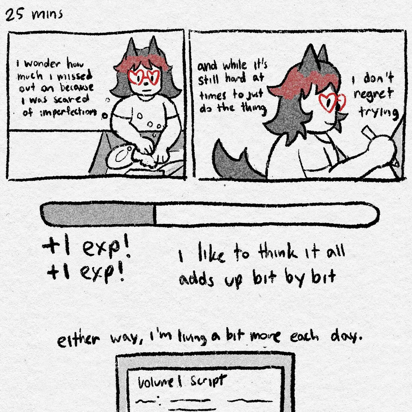 25 min meditation on allowing myself to live imperfectly. also, yay! all caught up to today! #gentlecomicshabit 

Image description: A werewolf with heart shaped glasses and red streaked hair washes dishes. Text reads, &ldquo;I wonder how much I miss