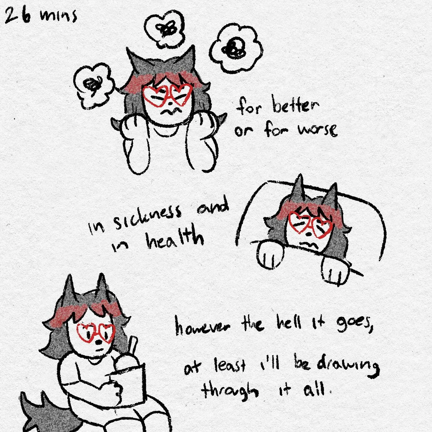 A 26 minute (tho I finished it in less time because I was sleepy) love letter to drawing #gentlecomicshabit 

Image description: A werewolf with heart shaped glasses and red streaked hair pulls at her hair while negative thoughts circle her. In anoth