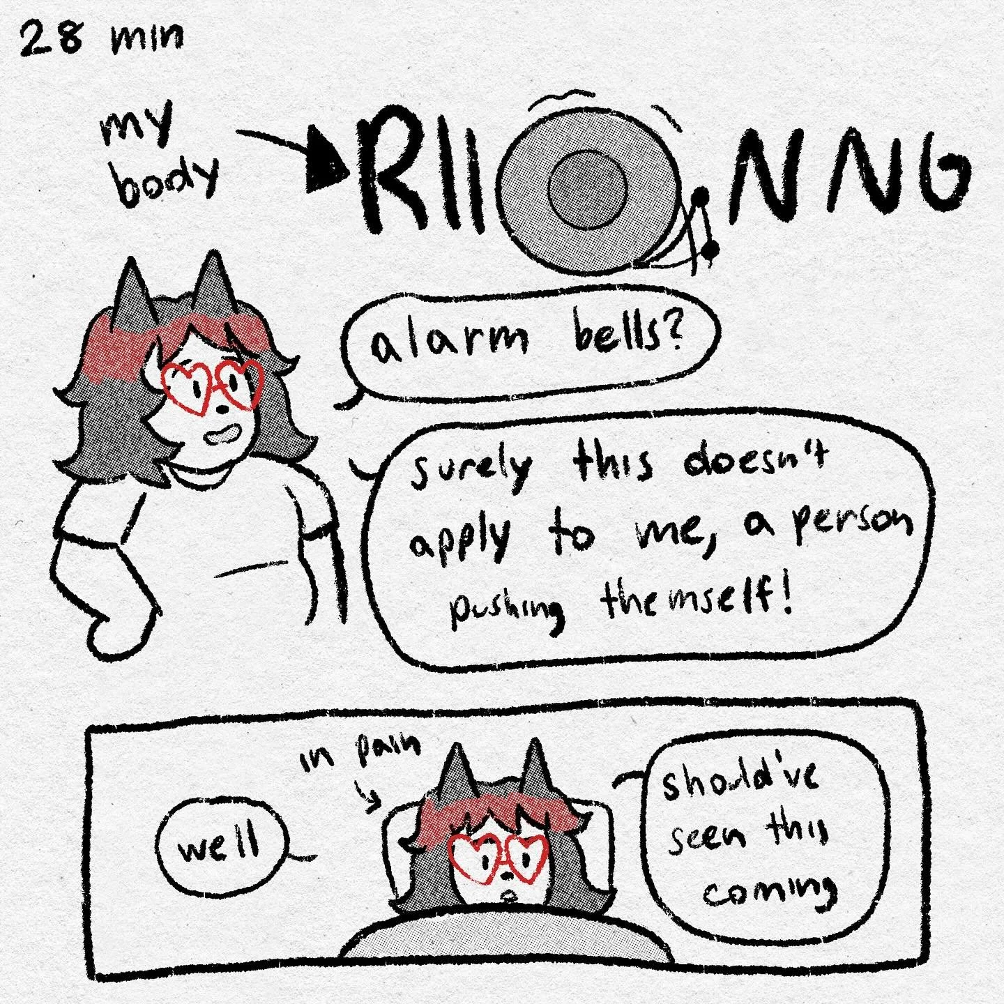 28 minute reminder to all the chronic illness besties that it&rsquo;s not worth that extra thing getting done!!! just rest!!! #gentlecomicshabit 

Image description: A werewolf with heart shaped glasses and red streaked hair looks at a ringing alarm 