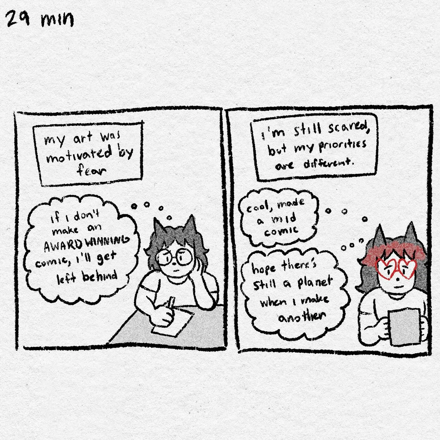 29 min portrayal of a mindset change I realized I made recently #gentlecomicshabit 

Image description: Narration reads: &ldquo;my art was motivated by fear.&rdquo; A young werewolf draws anxiously, thinking &ldquo;if I don&rsquo;t make an award winn