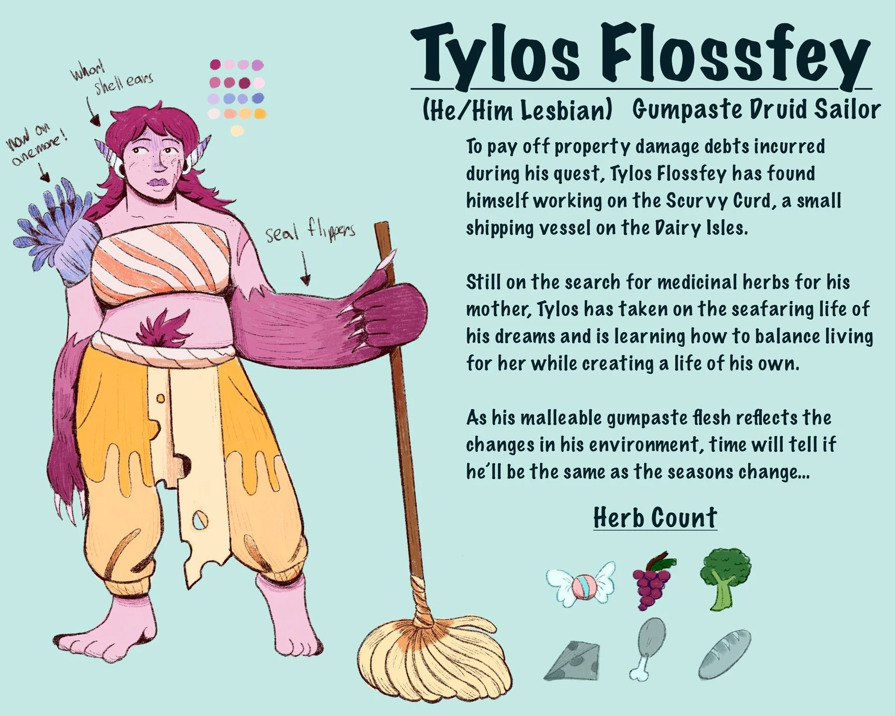 made a new Tylos sheet for round 3 of the devoured year!

image description: Tylos Flossfey is a pink-skinned druid with a long mullet and whorl shell ears. A purple anemone grows on his shoulder and he is holding a mop with his seal flipper hands. H