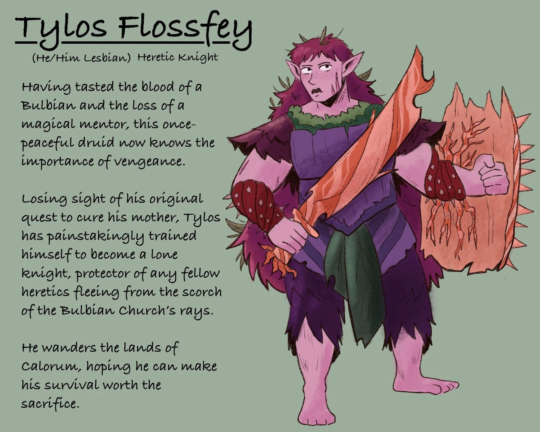 tylos' r4 design time! oh how war corrupts...

Image description: Tylos Flossfey is a pink-skinned druid knight with long burgundy hair littered with leaves. He wears a makeshift set of armor made from dark purple and maroon wood and tattered dark pu