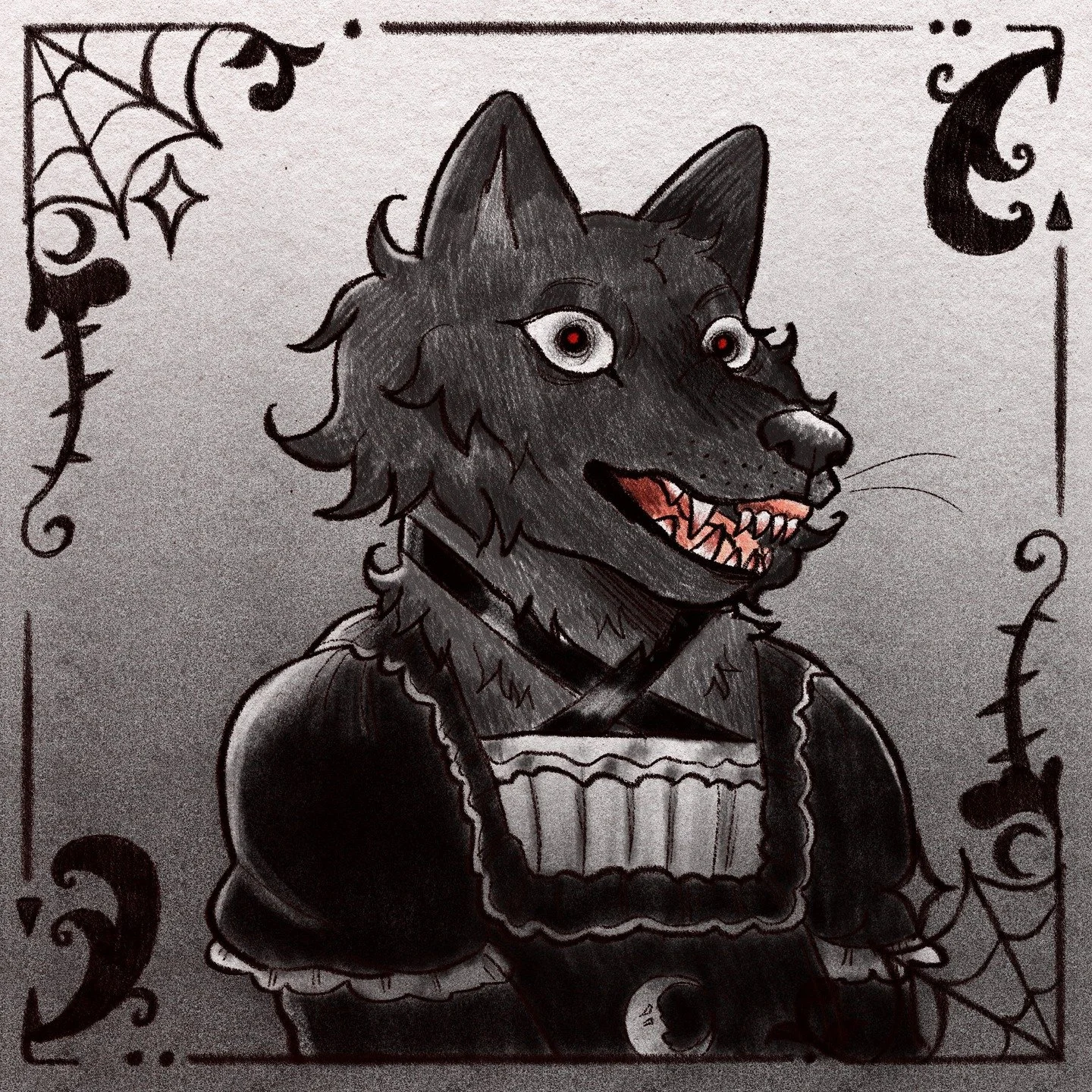 smile!

image description: A black anthropomorphic wolf in a gothic black dress smiles while posing stiffly for the camera. Her teeth are bloodied and her pupils are red, gothic borders surround her as she sits in front of a graphite gradient. end de