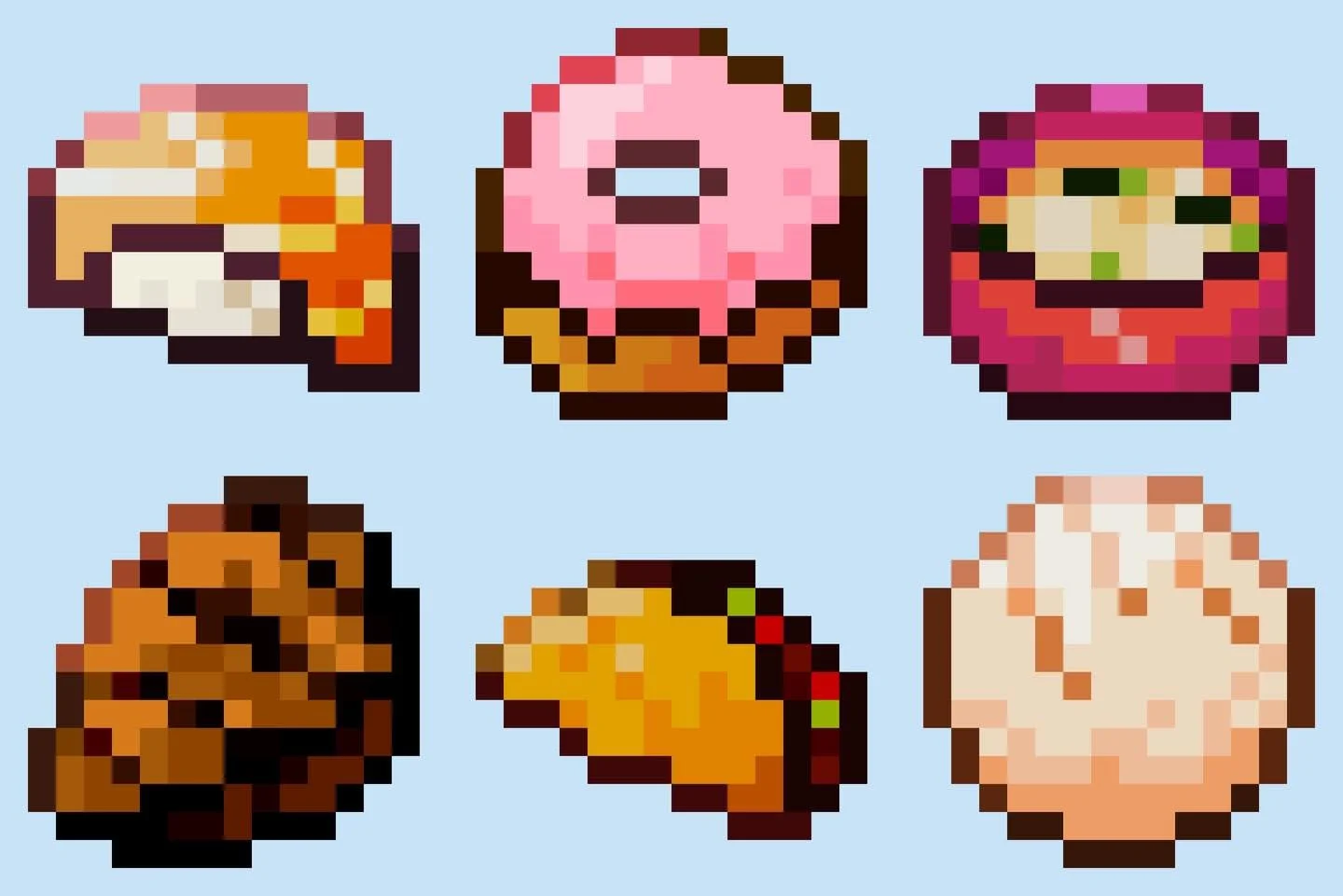 been practicing pixel art by drawing my cravings to save money on ordering out 😭

Image description: Two rows of six foods are drawn in pixel art. From left to right and top to bottom are: a sushi, a pink donut, a bowl of miso soup, a steak, a hard 