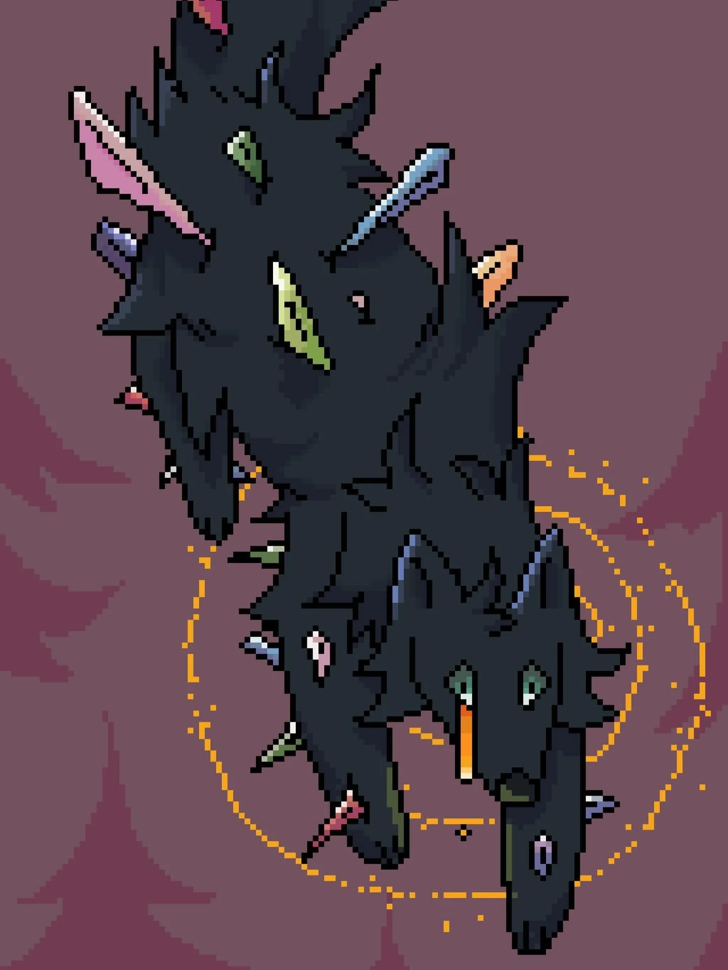 &ldquo;i don&rsquo;t want to make my pain pretty anymore&rdquo;

image description: A wolf descends from the sky against a minimalist pine forest. Its body is stabbed with crystal shards as it cries a stream of golden tears from one eye. A gold vorte