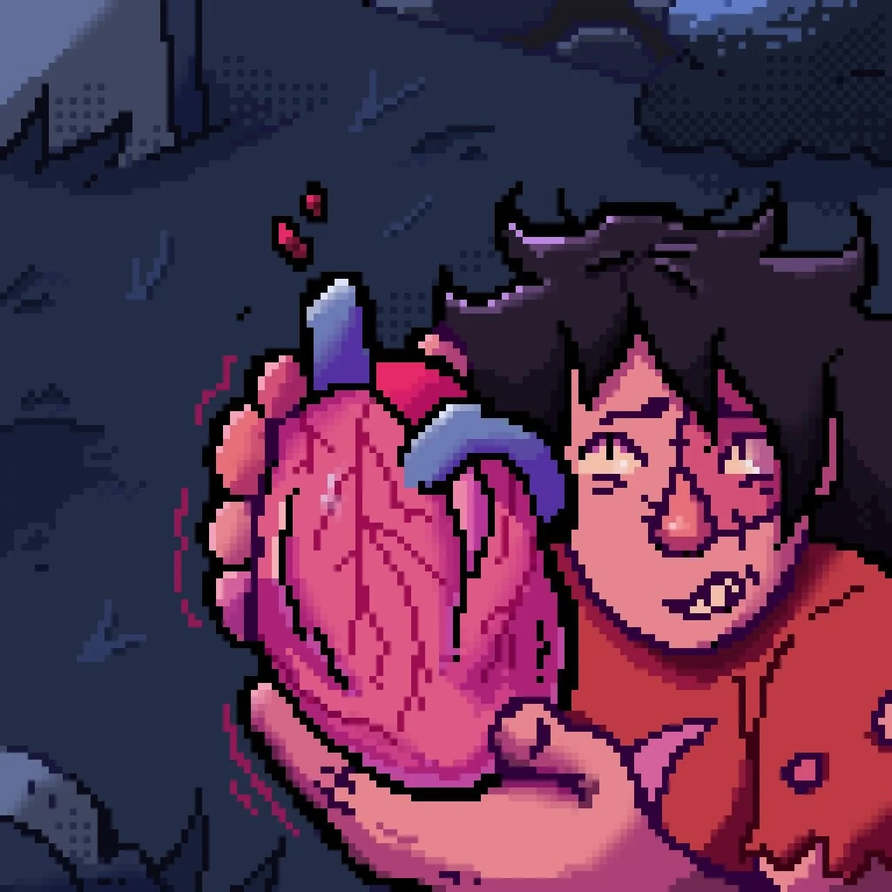 self creation&rsquo;s not for the faint of heart 🫀🩸

image description: A pixel illustration of a pink Frankenstein&rsquo;s monster type creature, holding up a beating human heart. They raise the organ to the sky shakily, looking up at it while sta