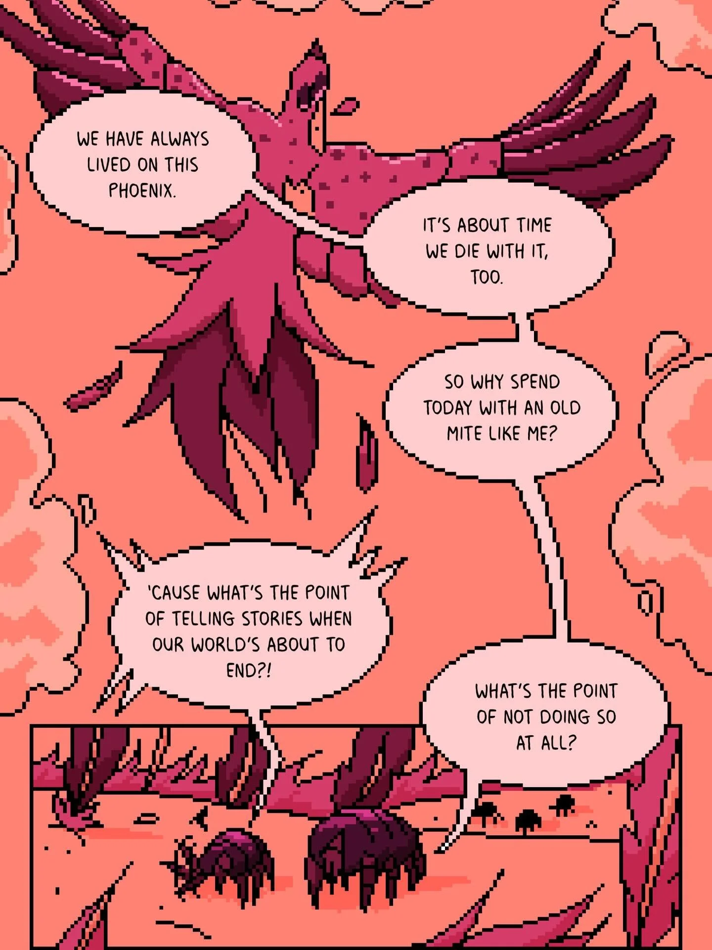 a 3 page comic challenge to get back in the grove of drawing! hopecore mites on the back of a phoenix, loosely inspired by a dream 🐦&zwj;🔥🪲

Image description: Page 1 of 3. A phoenix flies over an orange sky, two mites on a bald spot of its body c