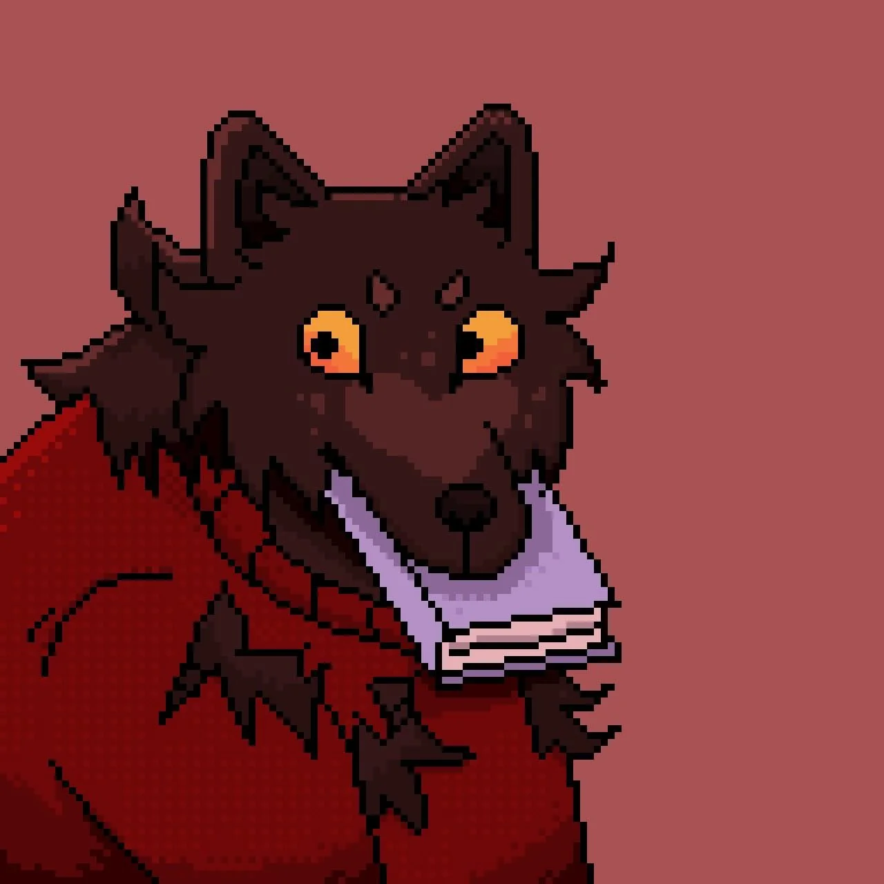 new icon to match my pixel art moment! when u gotta shelve books but it&rsquo;s the full moon 😔

image description: A black-furred werewolf with a heart-shaped marking across her face holds a book with a lilac cover. Their ripped sweater shows off p