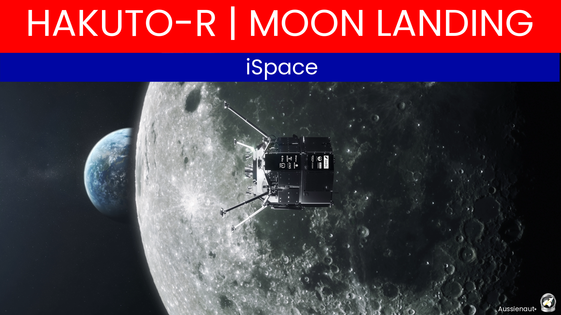 Illustration of the Hakuto-R moon lander orbiting the moon with Earth in the background.