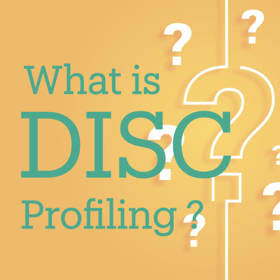 A graphic with orange background the text 'What is DISC Profiling?' and several white question marks.