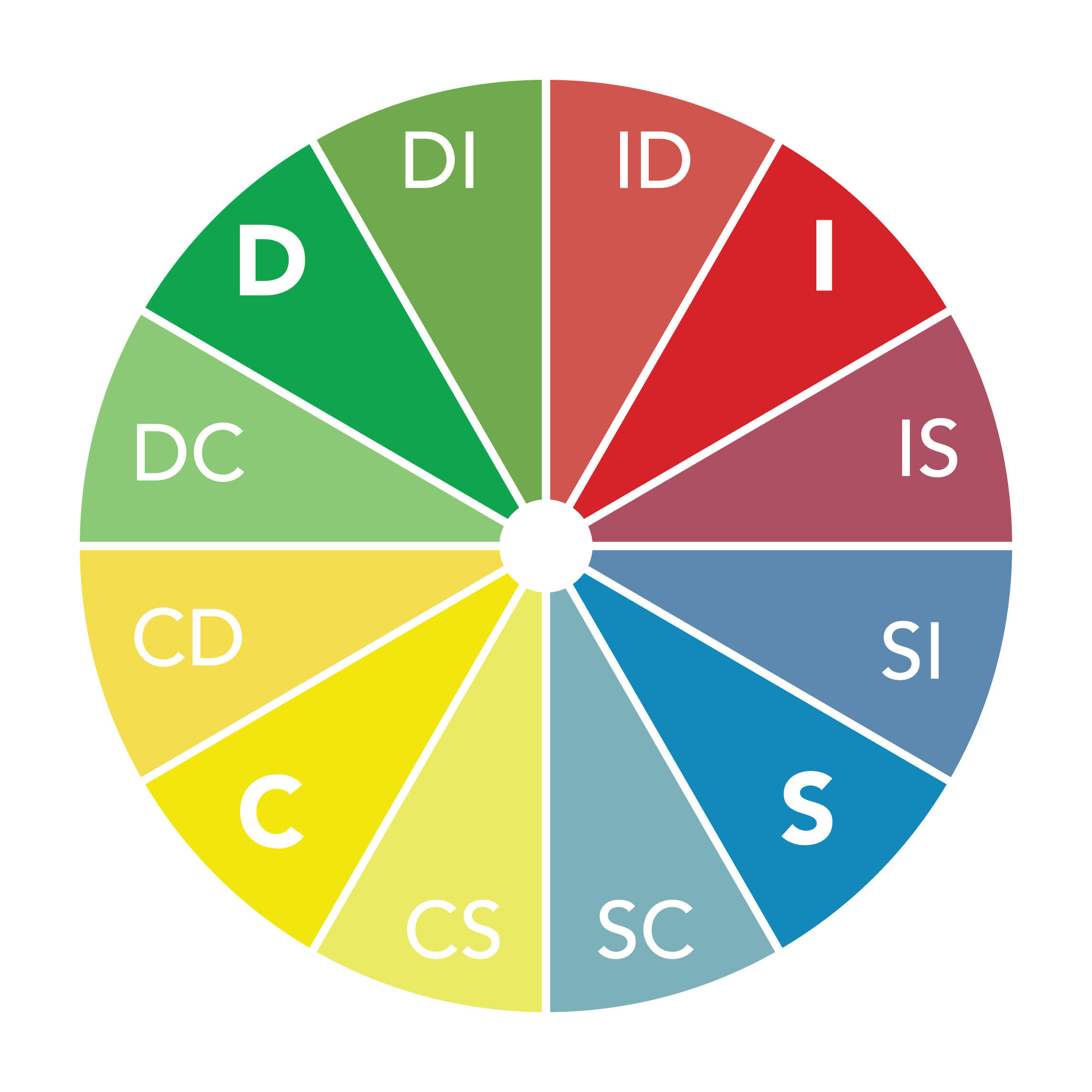 The 12 DISC styles — Dominance, Influence, Steadiness, Conscientiousness — shown as a colour-coded wheel.