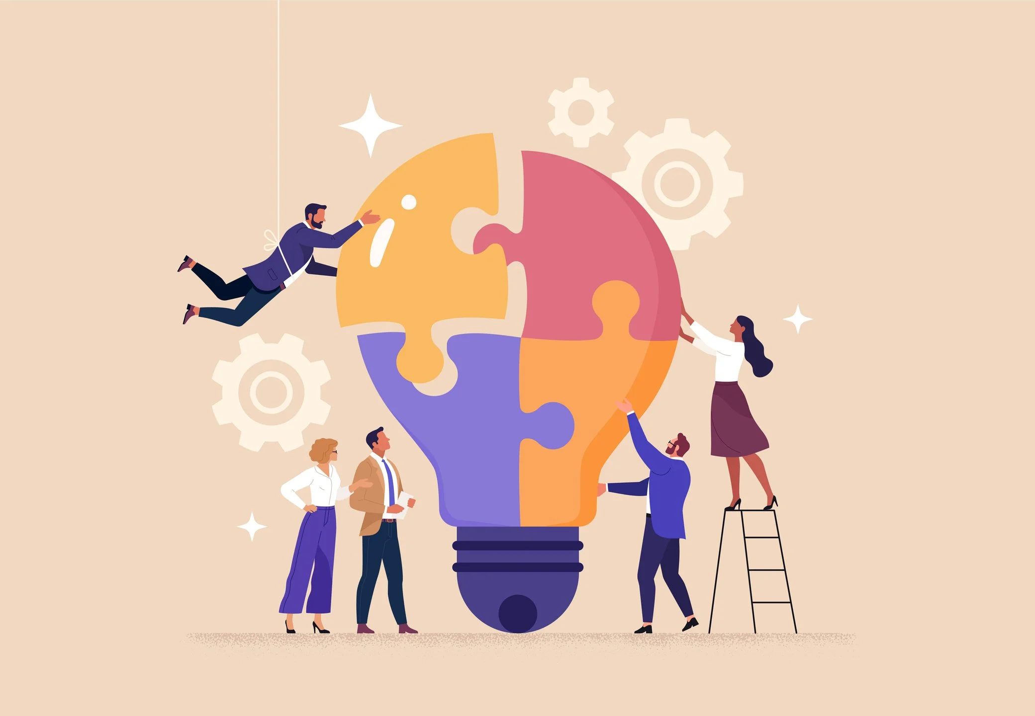 an illustrated, colourful lightbulb with people assembling it in four sections