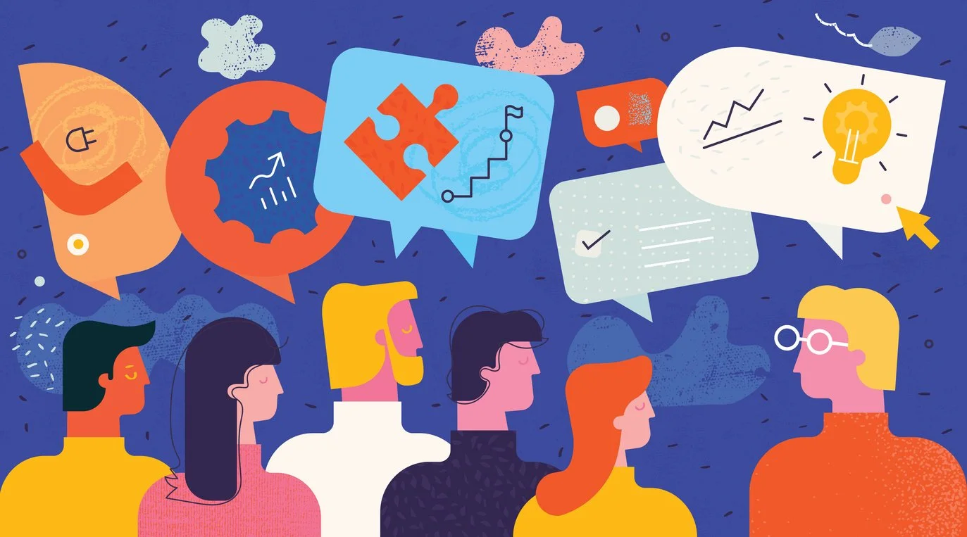 a colourful illustrated image of 6 people with different communication styles