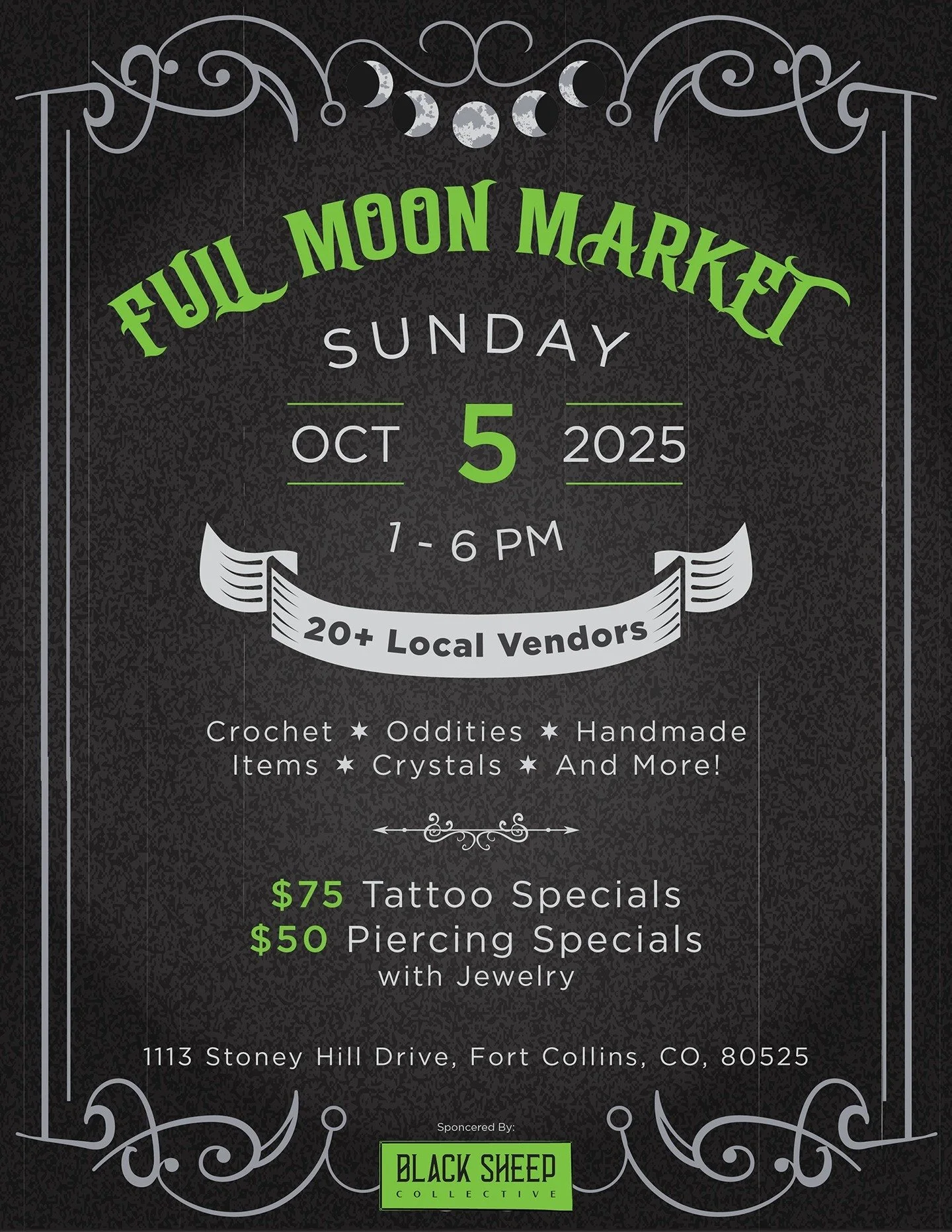 Join us for this year's last full moon market on October 5th from 1pm-6pm.
.
As always, we will have a range of vendors and specials going on. The vendors will be shutting down at 6pm, but our piercer and artists will continue later into the evening 