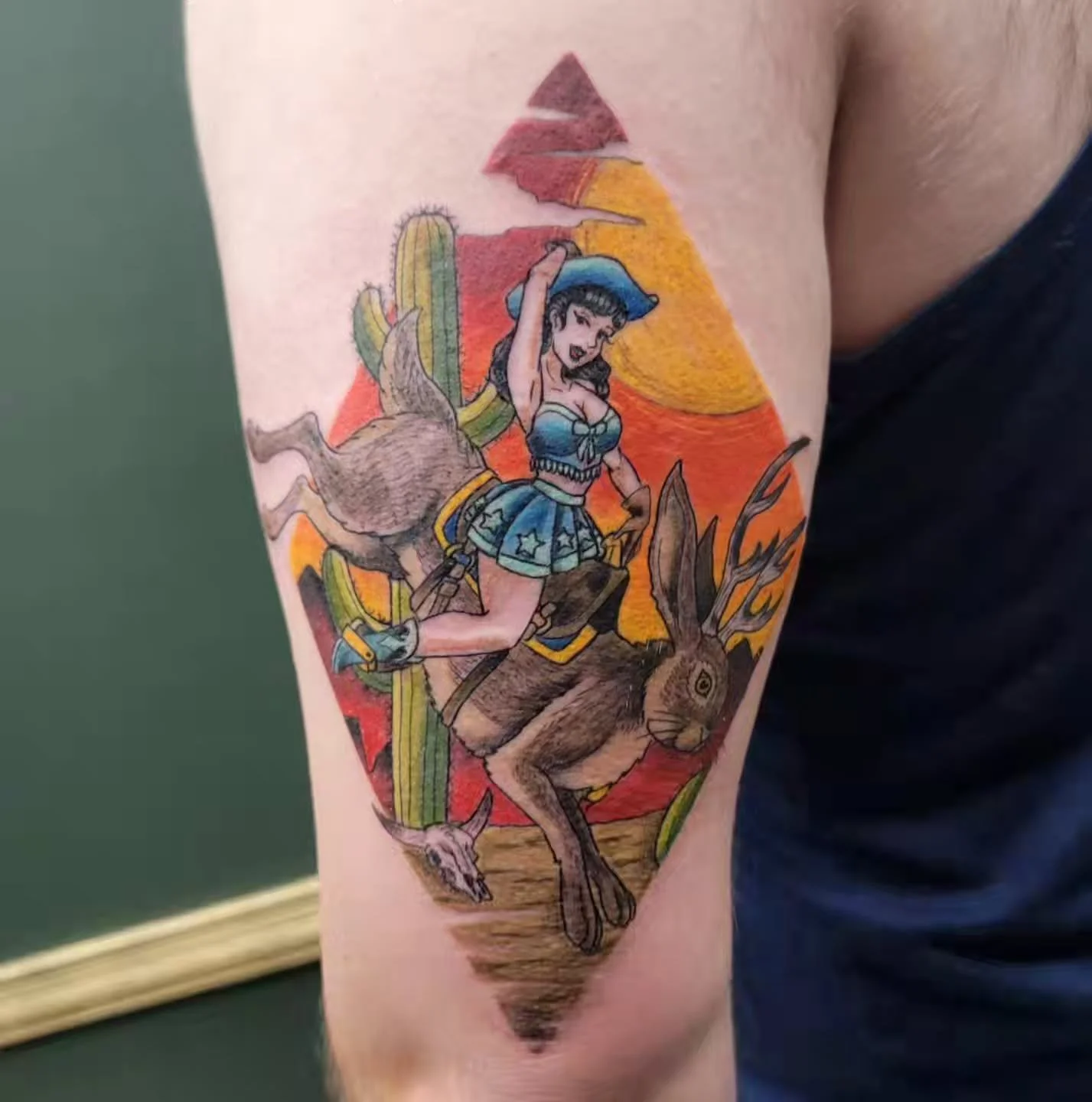 Full color cowgirl done by @aestheticcraze
.
#cowgirl #jackalope #blacksheepfoco #aestheticcraze #fortcollinstattooartist