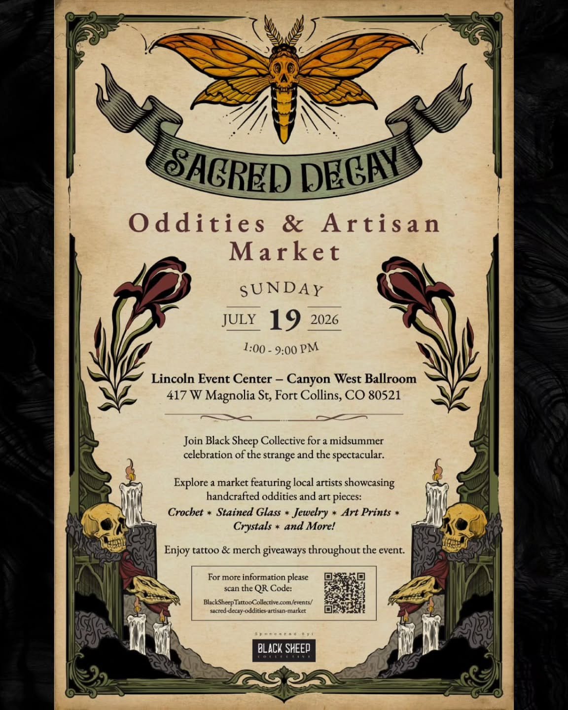 Join us at the Lincoln Event Center in Fort Collins on July 19th from 1PM&ndash;9PM for a Summerween celebration. Located in the Canyon West Ballroom.

Sacred Decay Artisan &amp; Oddity Market will feature a curated lineup of local artists and vendor
