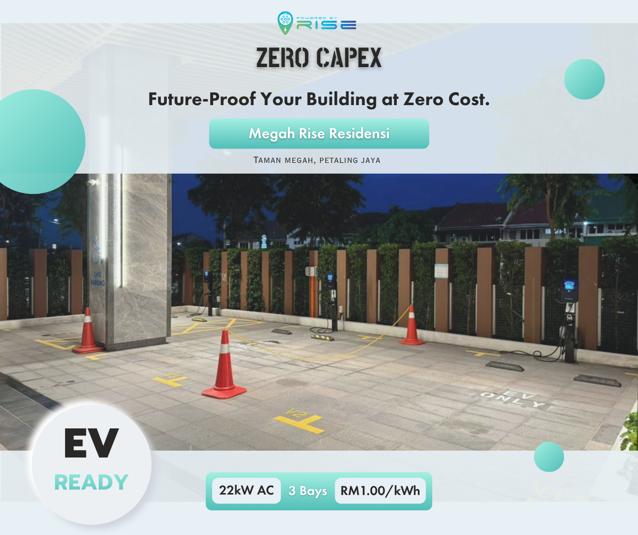 Powered by RISE EV charging station installed at Megah Rise Residensi parking bays.