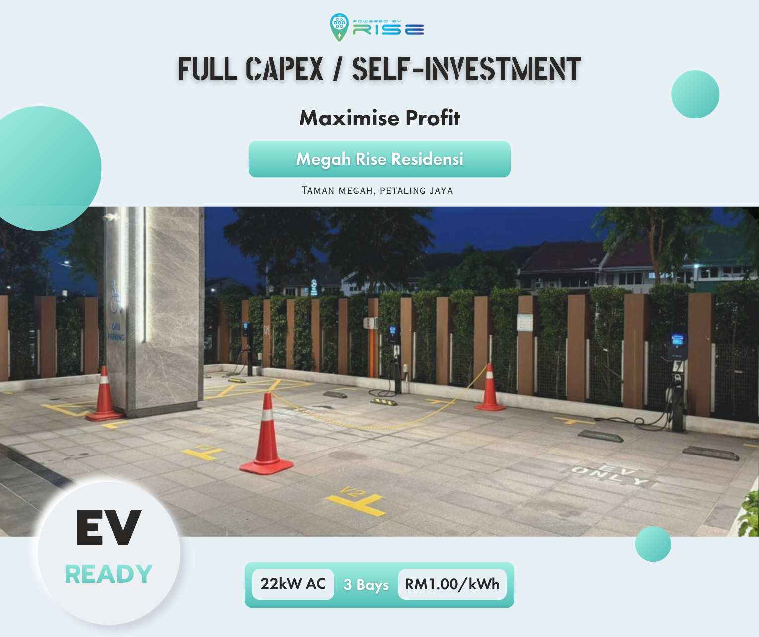 Powered by RISE EV charging station installed at Megah Rise Residensi parking bays.