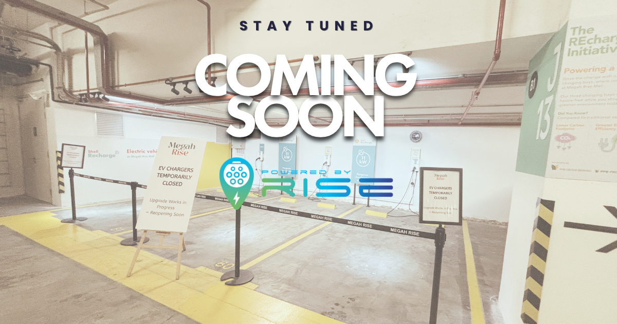 Powered by RISE EV charging station installed at Megah Rise Mall parking bays.