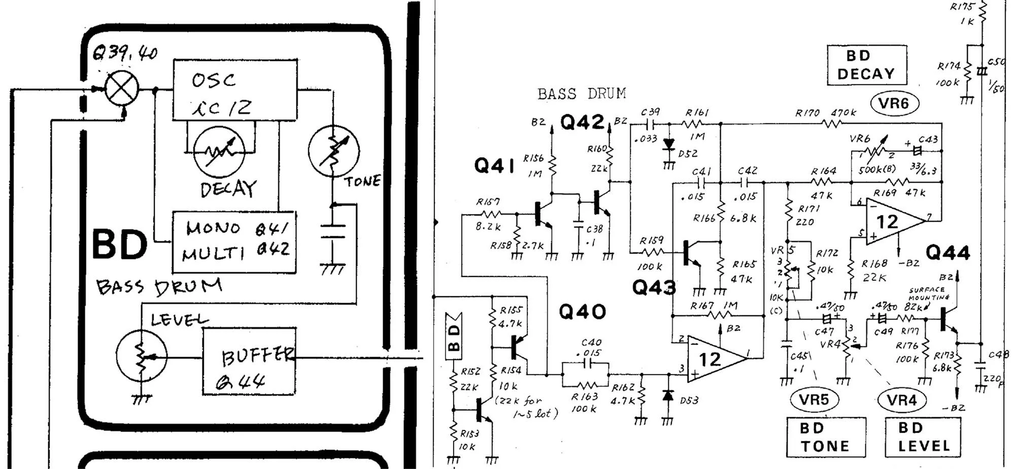 A block diagram and schematic showing the BD circuit from the Roland TR 808 service manual.