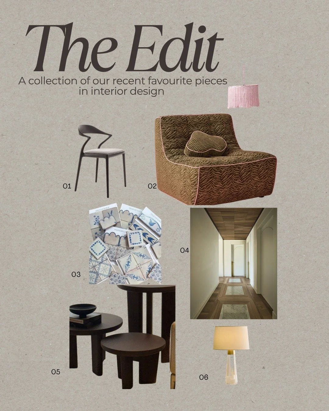 The Edit. A collection of the pieces we can't stop thinking about this month, the Ori chair's sculptural line, a colour story built on tension in Warwick's Terrain and Lustrell, handpainted Amano tiles, Foglie d'Oro flooring, nesting tables from Flex