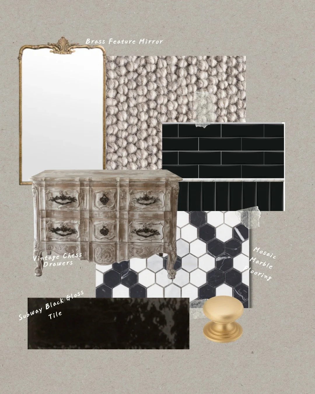 Moodboard Mondays. Brass, marble and gloss black, a palette that plays with contrast and considered detail #InteriorDesignAustralia #interiordesignaustralia #interiordesignmoodboard
