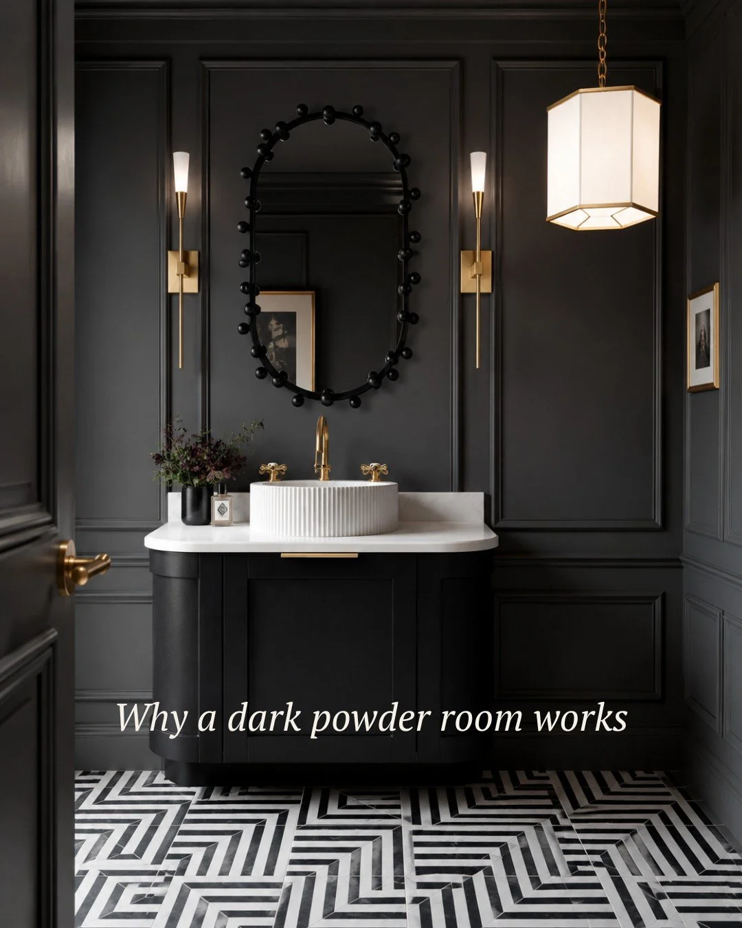 Project Longueville - A powder room is the one place you can go dark and dramatic. Layered black panelling, marble underfoot and brass in the details. #InteriorDesignAustralia #sydneyinteriordesigners #bathroominteriordesign