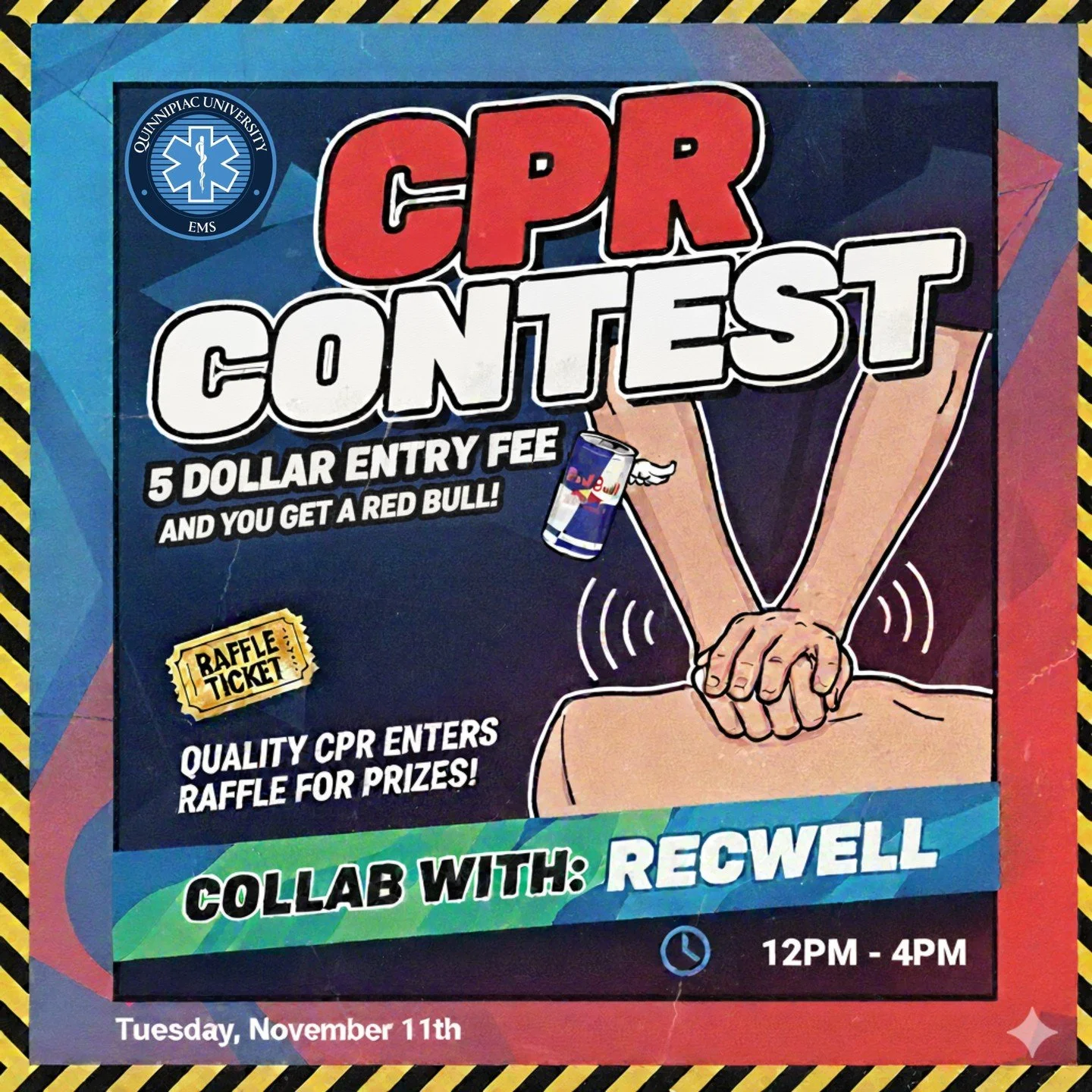Join QUEMS for our CPR Contest on Tuesday, November 11th! For just a $5 entry fee, you&rsquo;ll get the chance to compete in a  CPR contest on our training dummy. Score above the set threshold and you&rsquo;ll be entered to win our QUEMS x RecWell ra