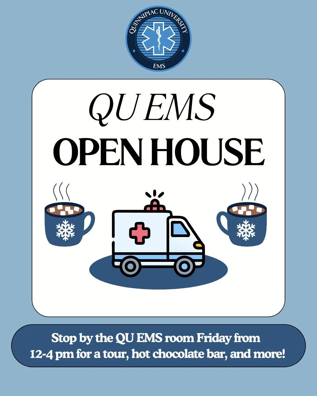 Finish off NCEMSF week with our QU EMS open house! Stop by tomorrow from 12-4 pm to tour our base, enjoy a hot chocolate bar, and learn about what we do! To find us, head to the parking lot behind Irma. We hope to see you there! 🚑🍫
@NCEMSF