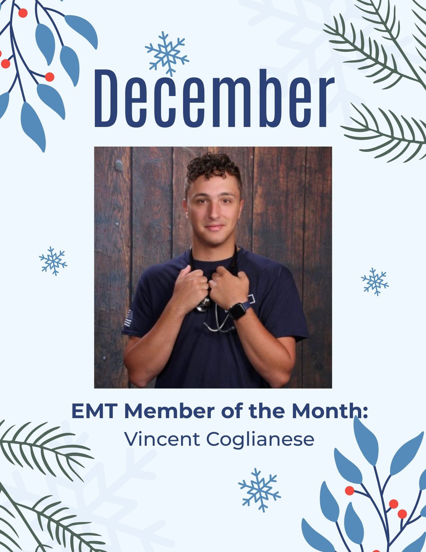 Our December members of the month are Vincent Coglianese from the EMT Division and Cara Kitchen from the Auxiliary Division! 🎉 
Vin has been doing an amazing job as Assistant Community Education Officer, working to coordinate classes for the Quinnip