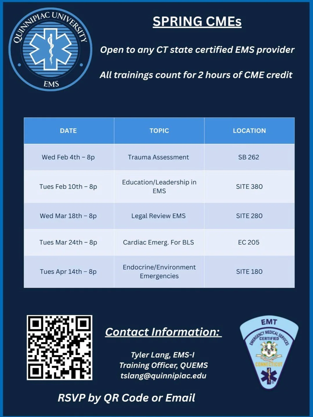Our Spring CME schedule is here! Any provider with a valid CT EMT license can earn 2 hours of CME credit. Come join us! 🚑⚕🩺