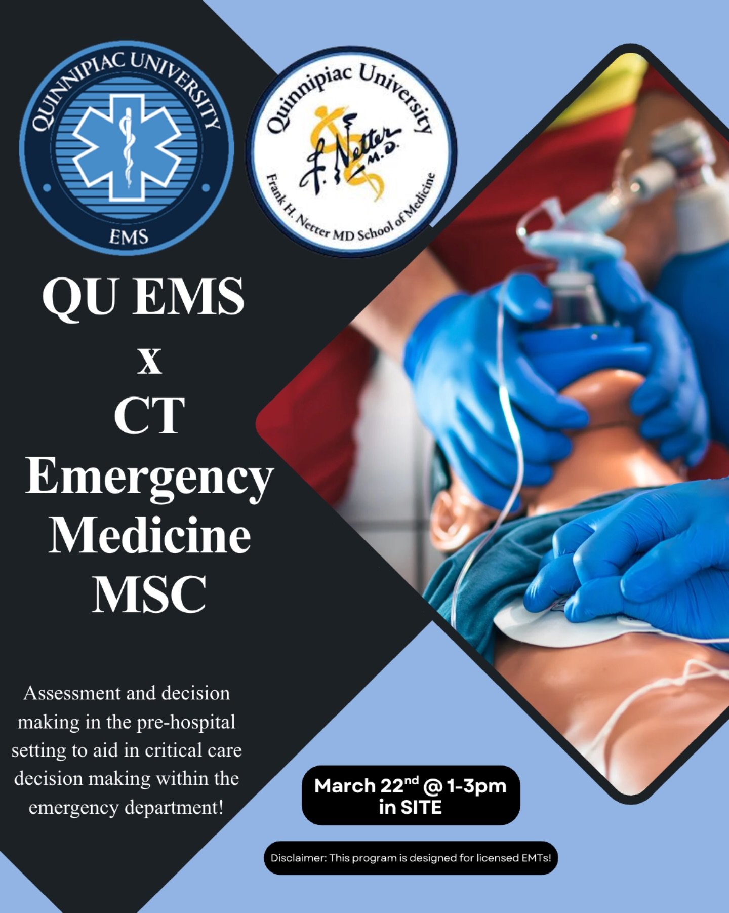 Join QU EMS and the CT Emergency Medicine Medical Student Council for a collaborative, informational event on pre-hospital care! Medical students from Yale, Netter, and UCONN are sharing their knowledge about how to expand upon the world of emergency