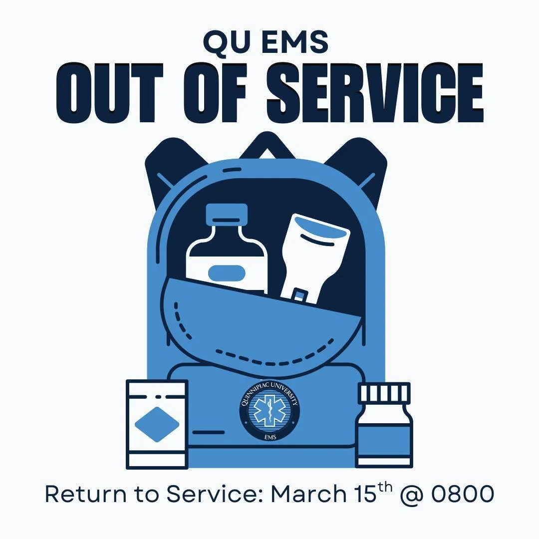 Countdown to spring break has begun...🕐QU EMS will be out of service starting 6 pm today. We will return to service at 8 am Sunday, March 15th. Wishing everyone a safe and happy break 🤍💙