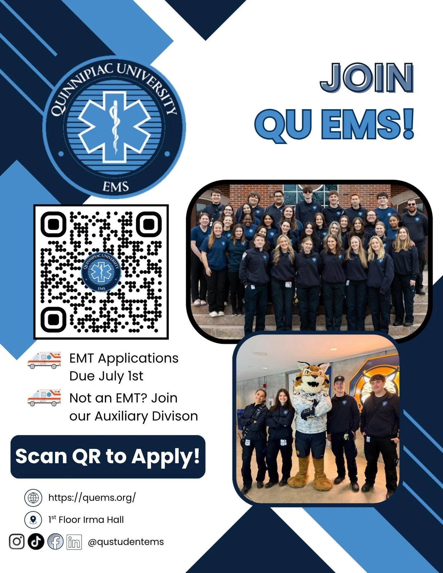 JOIN QU EMS, using the link in our bio! Our agency works to educate and serve the Quinnipiac Community. If you're a passionate and reliable student looking to learn about the world of EMS, apply to be a part of QU EMS and see all the hard work and fu