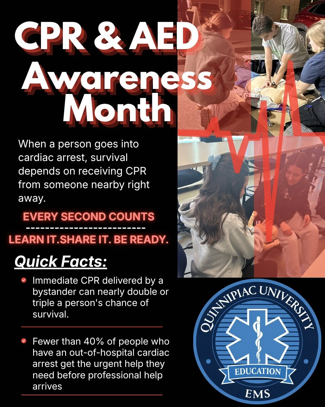 June is CPR and AED awareness month. Taking the time to learn these lifesaving skills will prepare you to act. Sign up for one of our CPR classes for this coming fall. Learn CPR, know where AEDs are located on campus, and join us in this step in maki