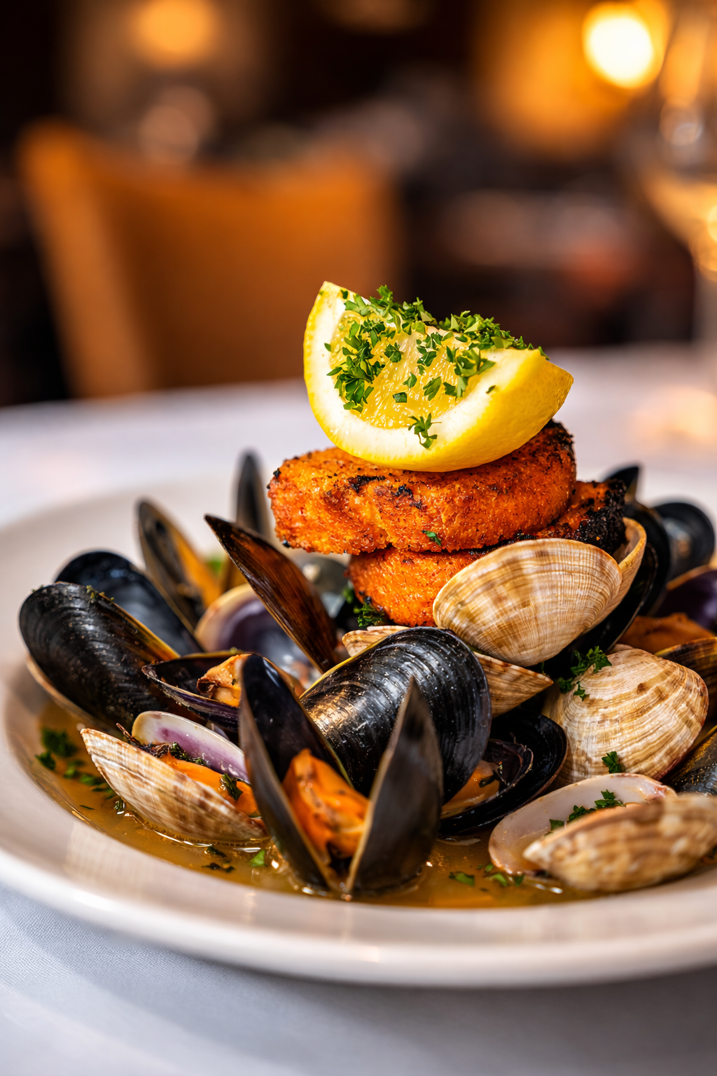 Plate of steamed mussels, topped with a breaded crab cake, lemon wedge, and chopped parsley.
