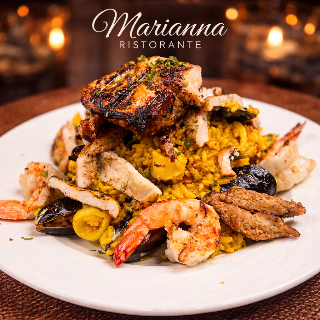 A plate of seasoned seafood paella with grilled fish, shrimp, mussels, and rice, served at Marianna Ristorante.